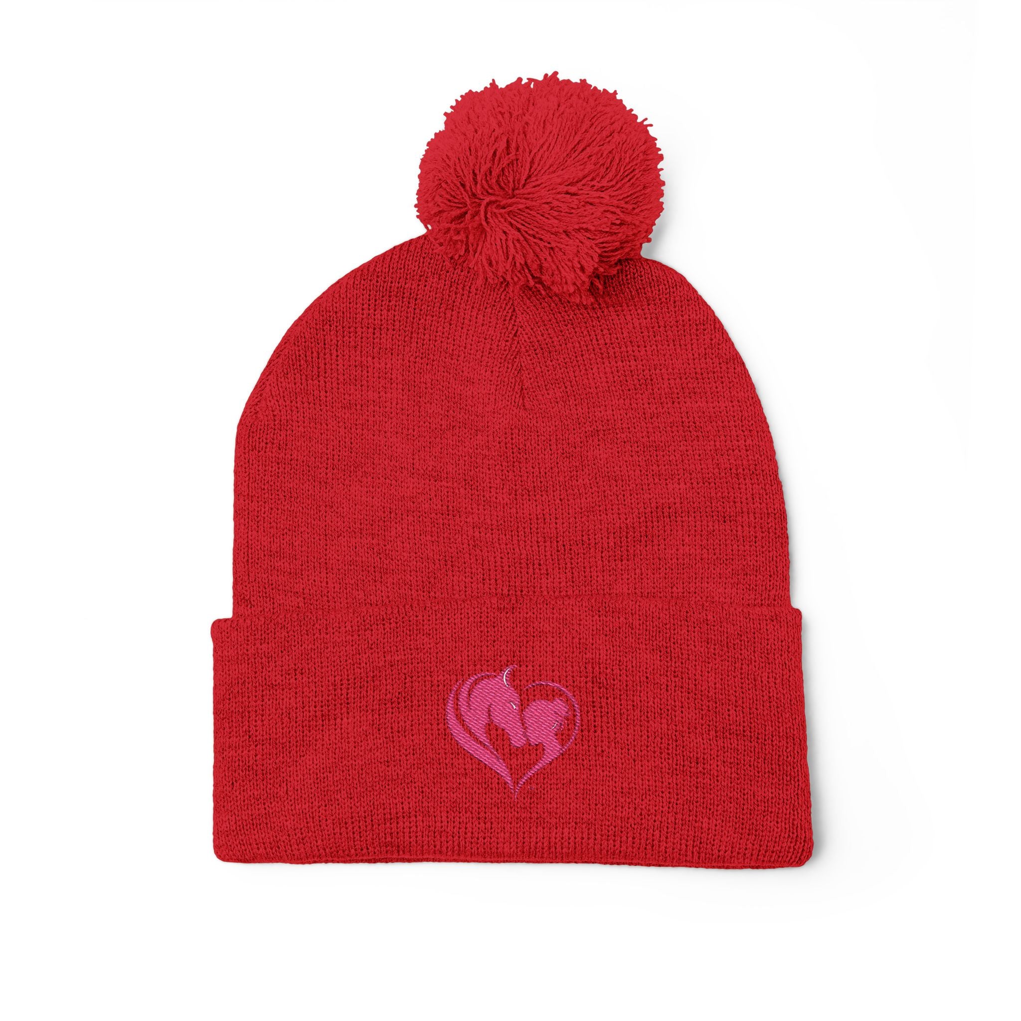 Pink Heart Embroidery Pom-Pom Knit Cap | Grey Beanie