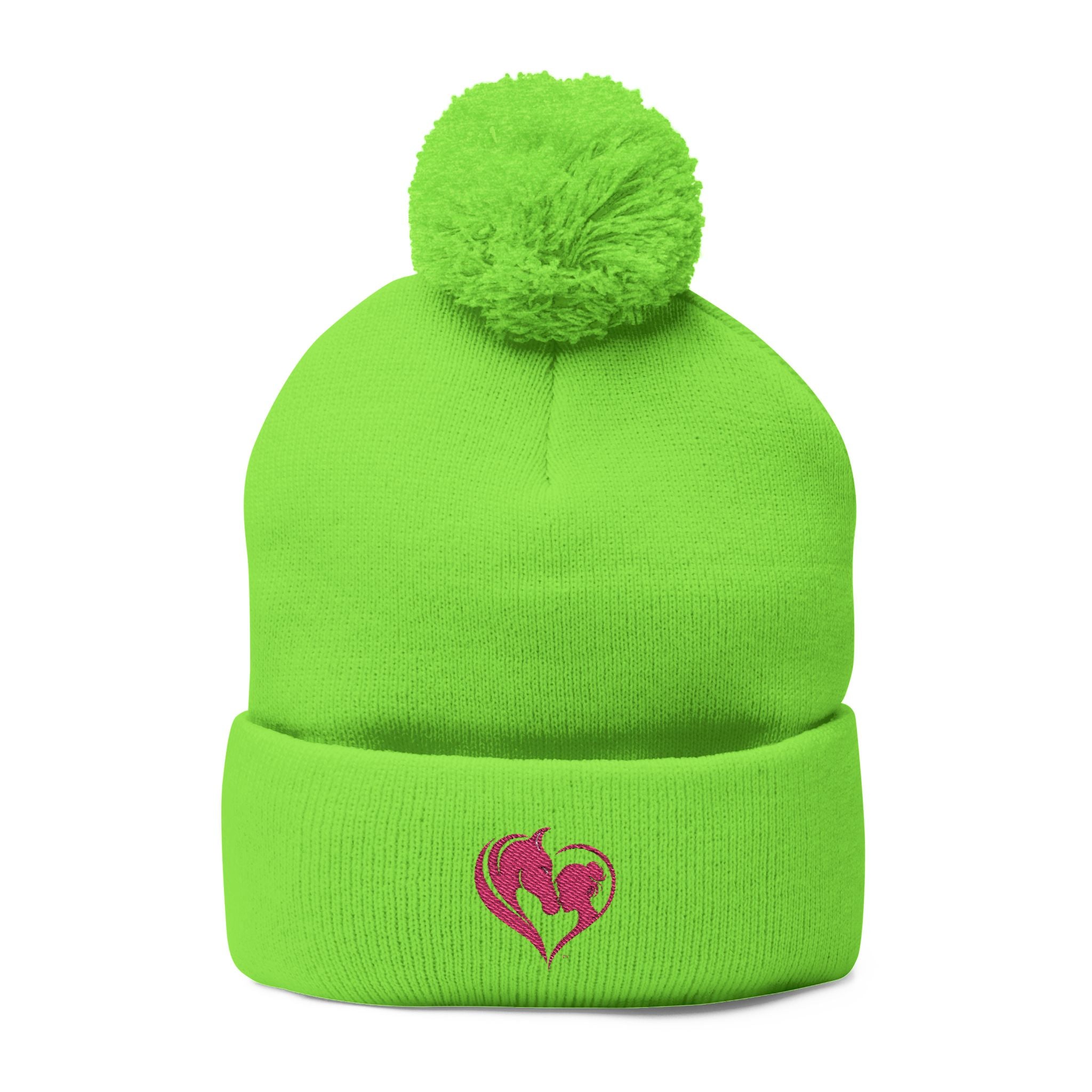 Pink Heart Embroidery Pom-Pom Knit Cap | Grey Beanie