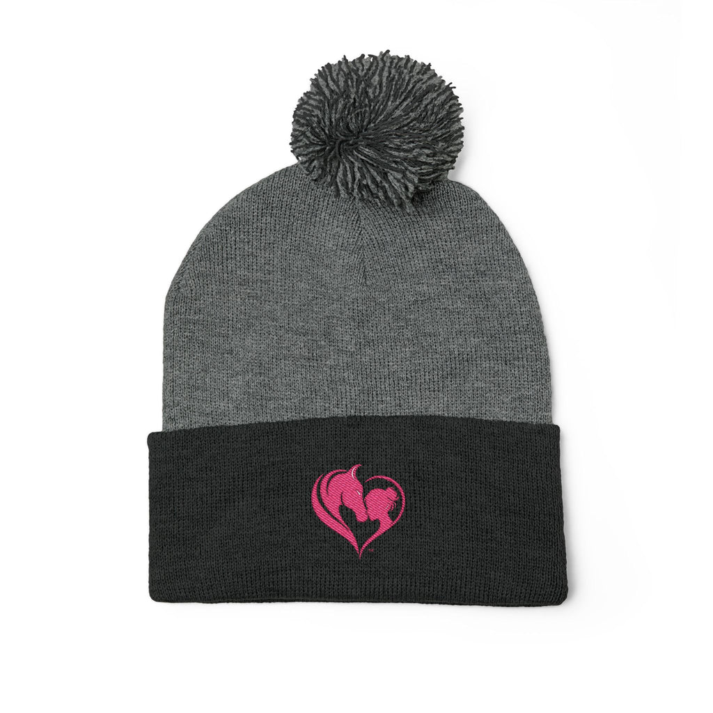Pink Heart Embroidery Pom-Pom Knit Cap | Grey Beanie