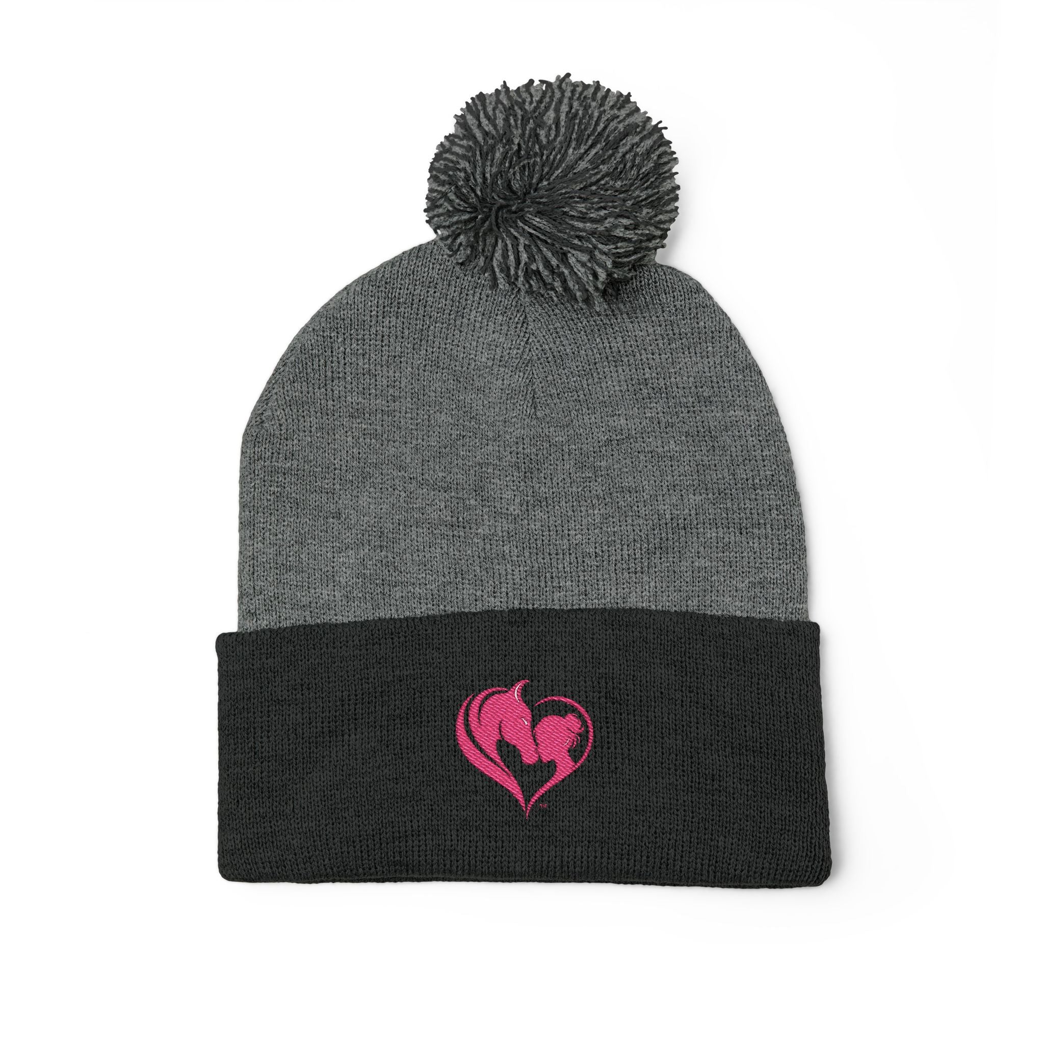 Pink Heart Embroidery Pom-Pom Knit Cap | Grey Beanie