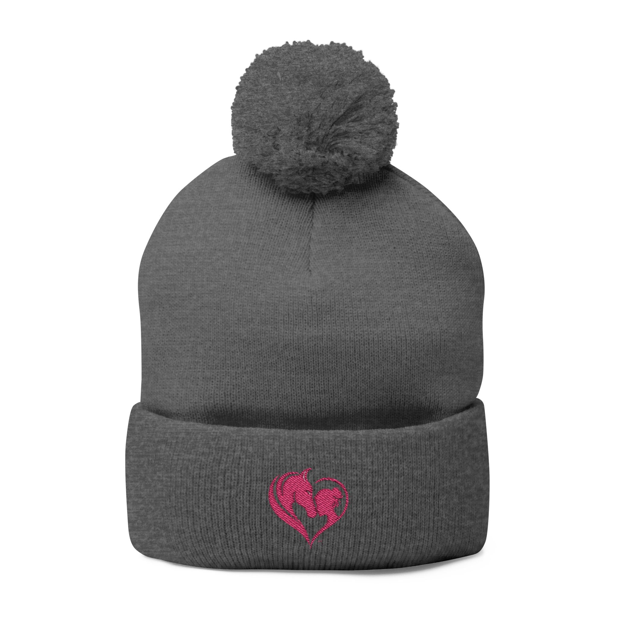 Pink Heart Embroidery Pom-Pom Knit Cap | Grey Beanie