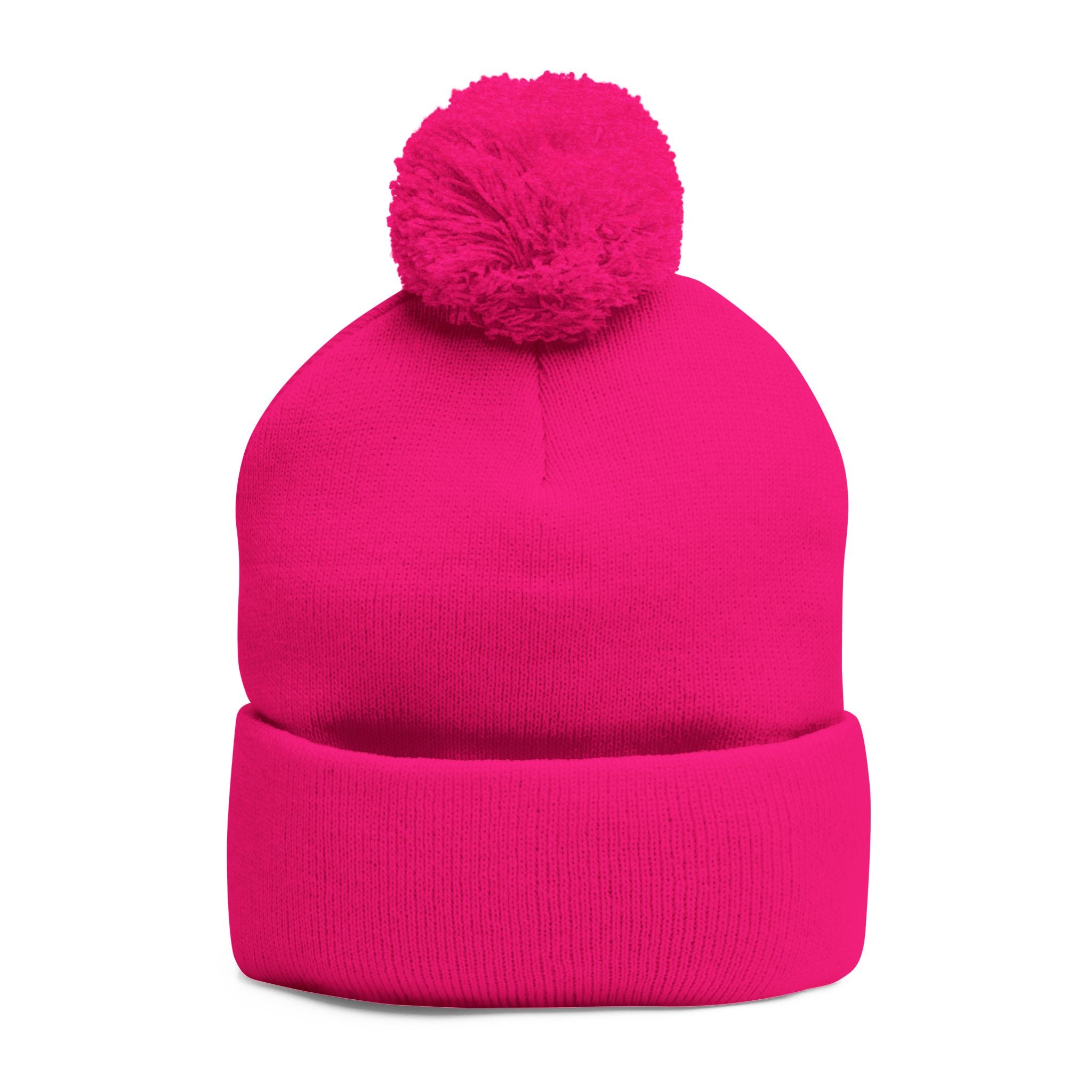 Pink Heart Embroidery Pom-Pom Knit Cap | Grey Beanie