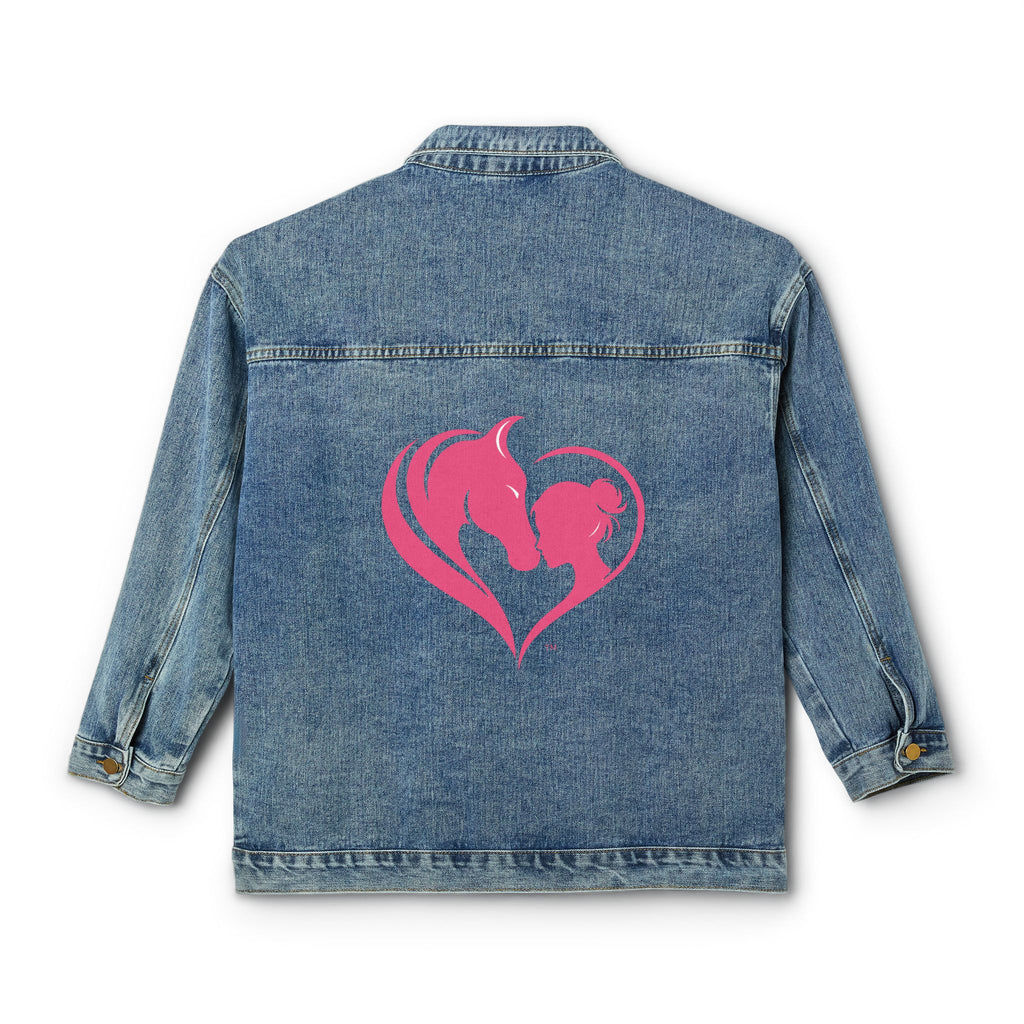 Horse and Girl Heart design Denim Jacket | Equestrian silhouette, pink back print HorseGirlsBrand