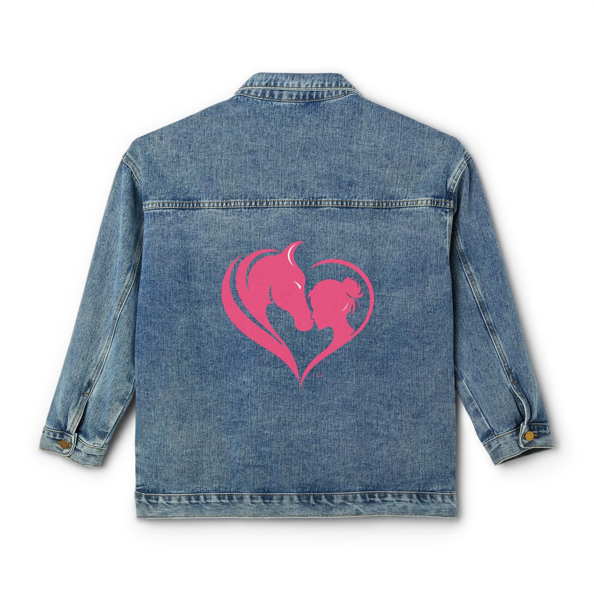 Horse and Girl Heart design Denim Jacket | Equestrian silhouette, pink back print HorseGirlsBrand