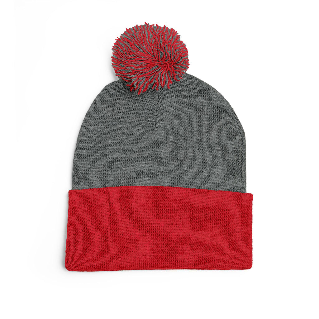 Pink Heart Embroidery Pom-Pom Knit Cap | Grey Beanie