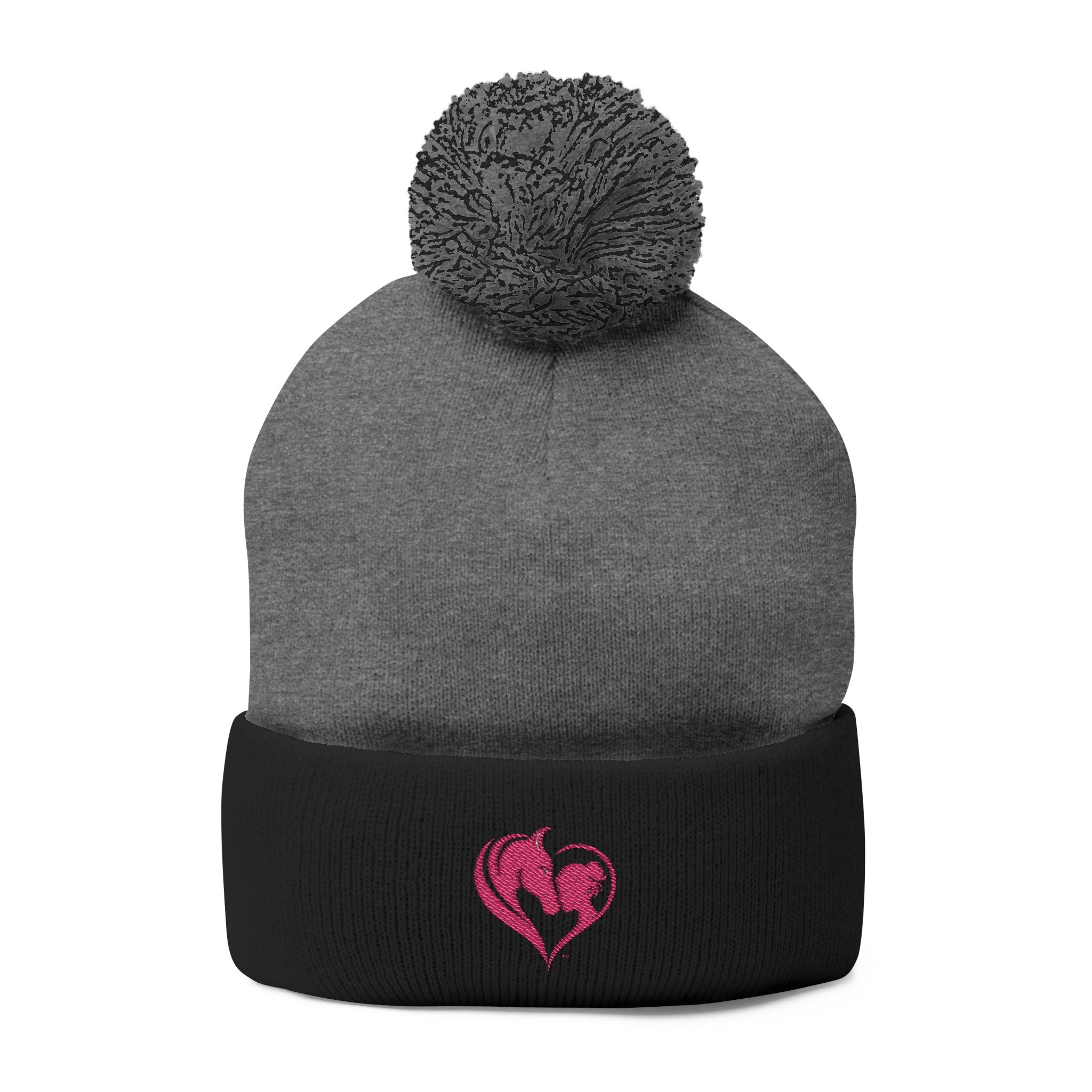 Pink Heart Embroidery Pom-Pom Knit Cap | Grey Beanie