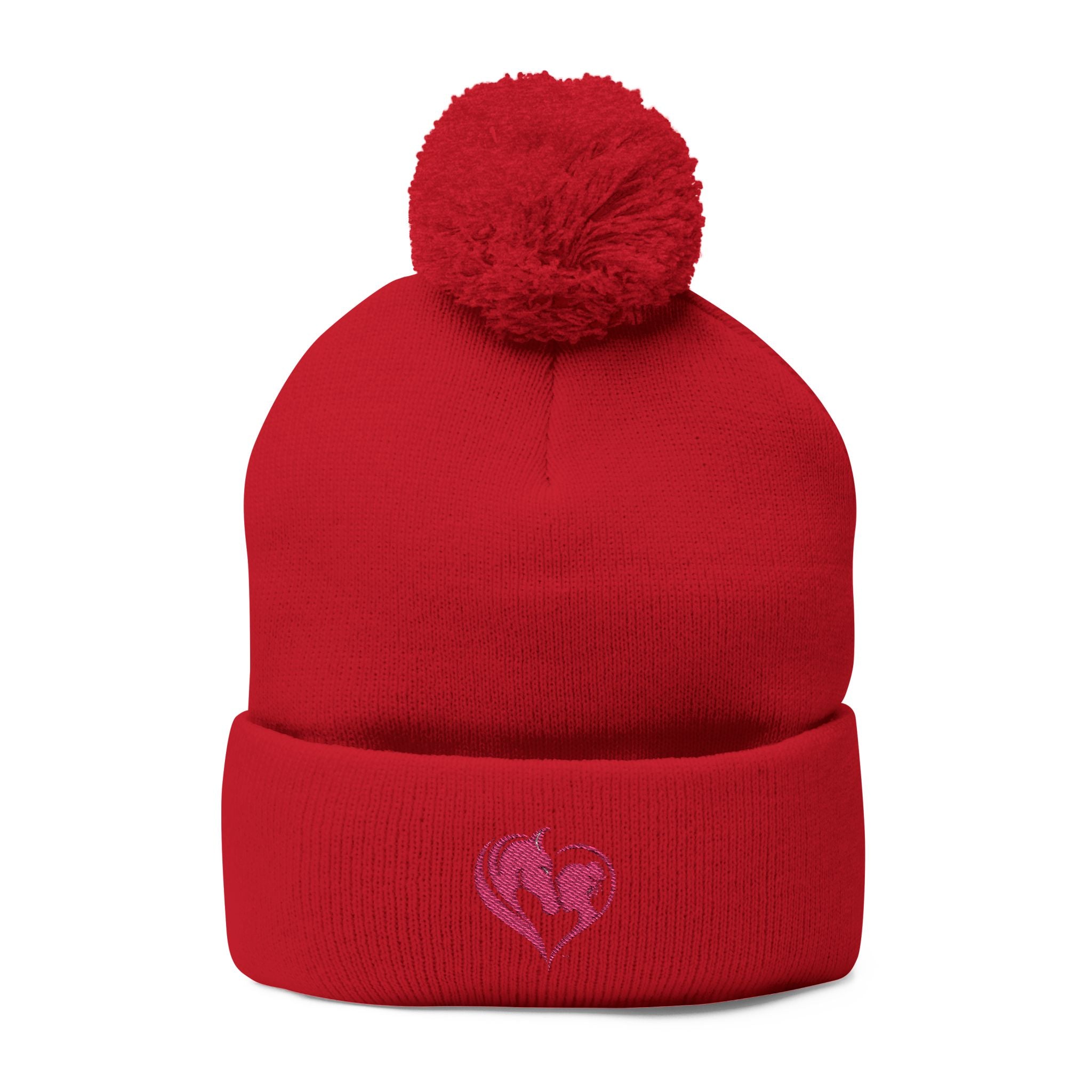 Pink Heart Embroidery Pom-Pom Knit Cap | Grey Beanie