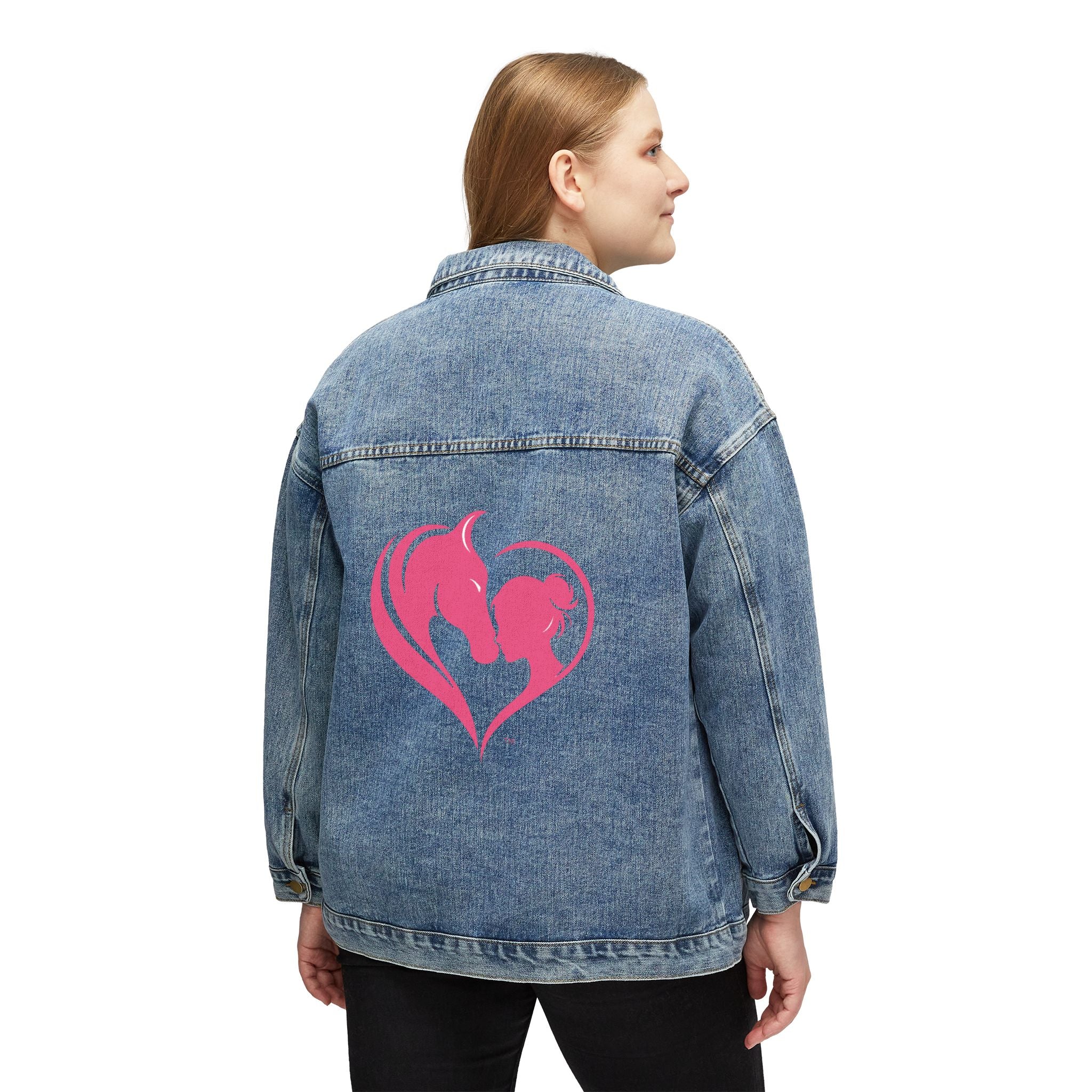 Horse and Girl Heart design Denim Jacket | Equestrian silhouette, pink back print HorseGirlsBrand