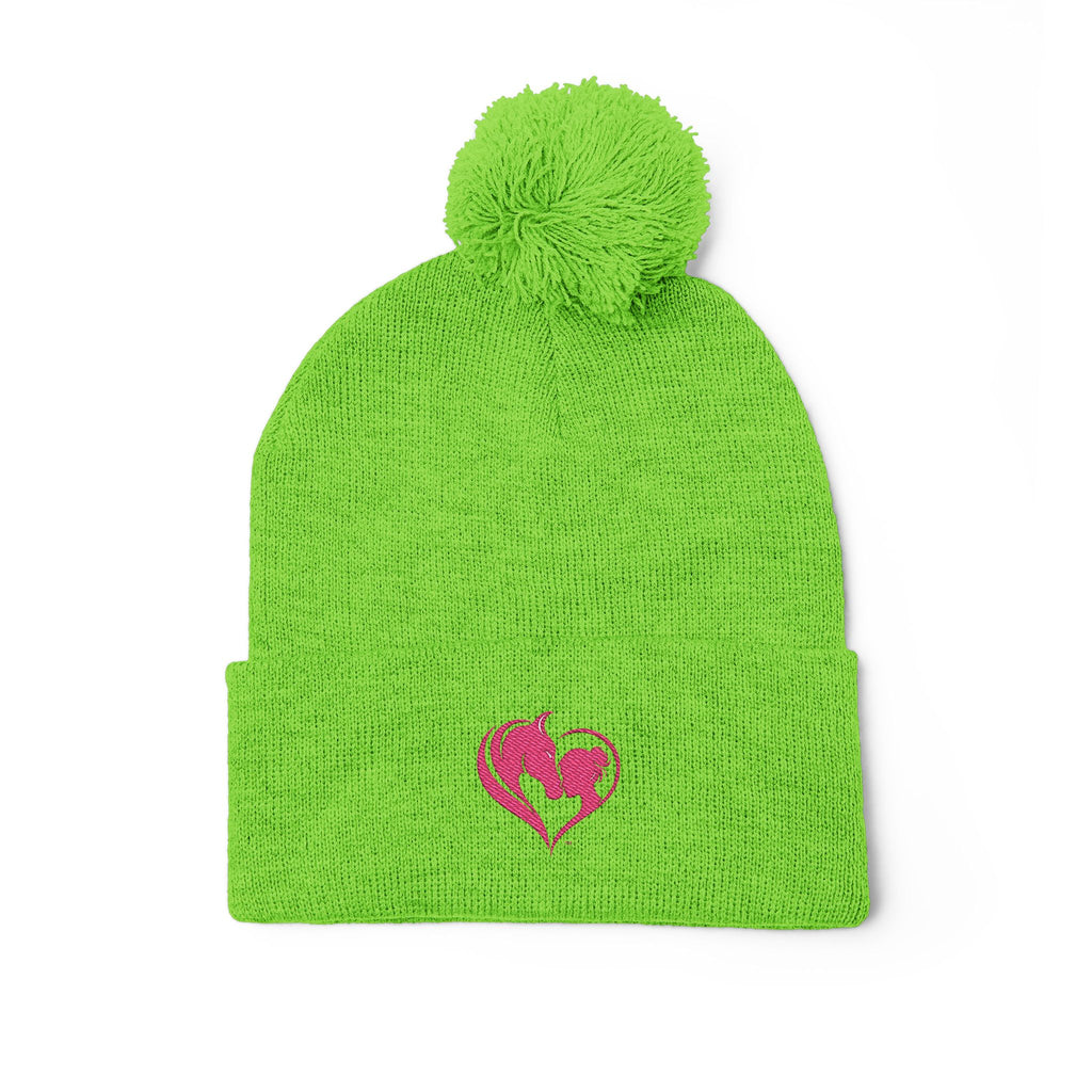 Pink Heart Embroidery Pom-Pom Knit Cap | Grey Beanie