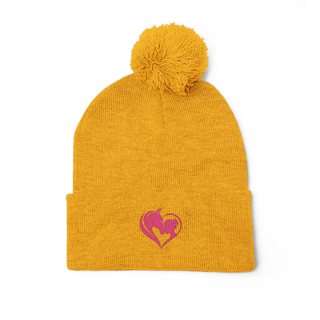 Pink Heart Embroidery Pom-Pom Knit Cap | Grey Beanie
