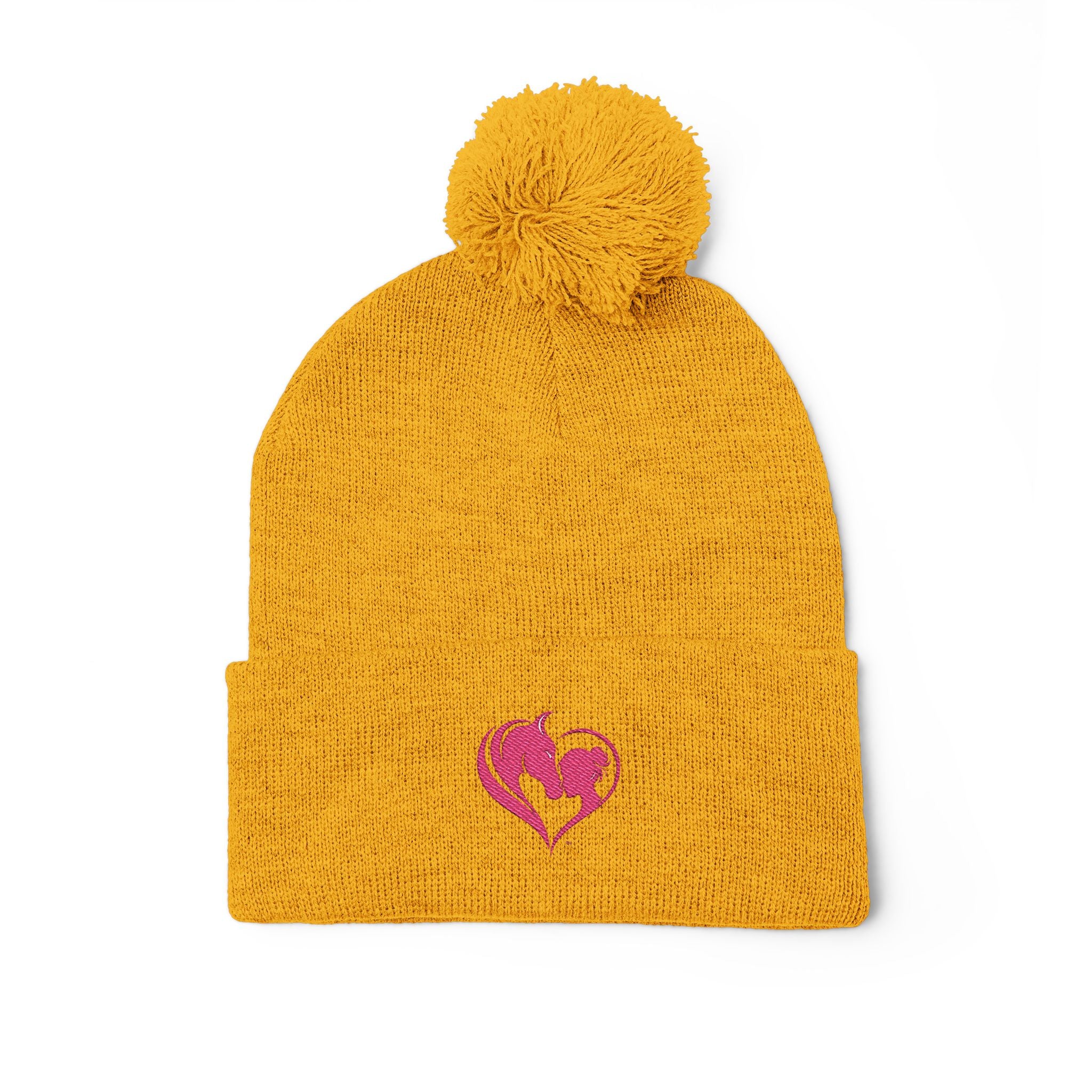 Pink Heart Embroidery Pom-Pom Knit Cap | Grey Beanie