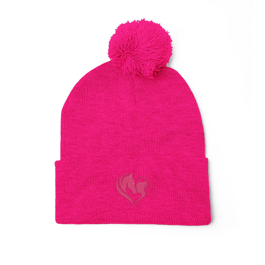 Pink Heart Embroidery Pom-Pom Knit Cap | Grey Beanie