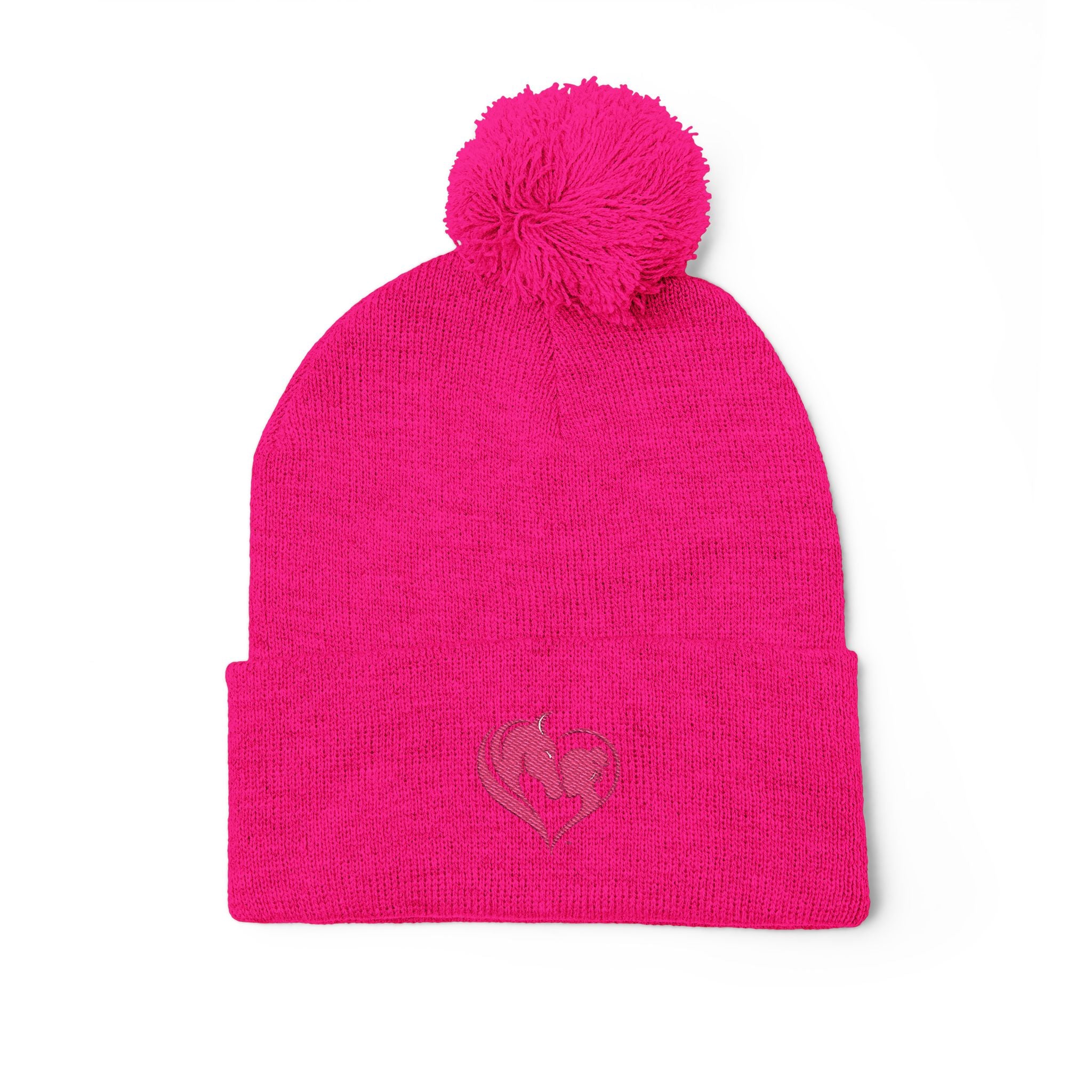 Pink Heart Embroidery Pom-Pom Knit Cap | Grey Beanie