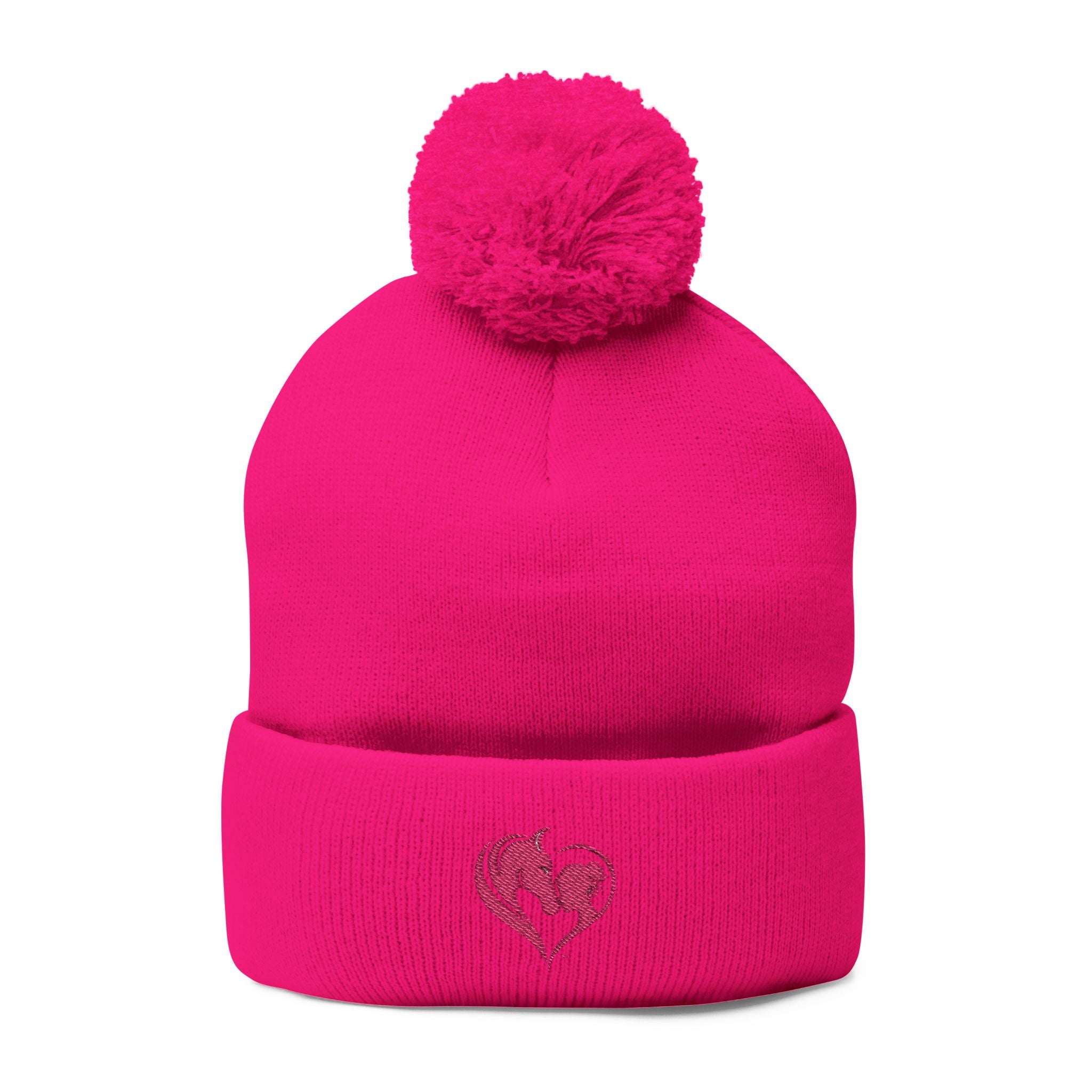 Pink Heart Embroidery Pom-Pom Knit Cap | Grey Beanie