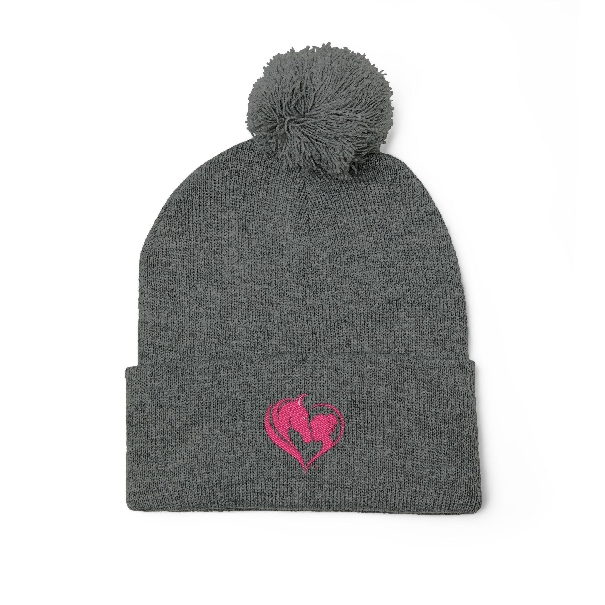 Pink Heart Embroidery Pom-Pom Knit Cap | Grey Beanie
