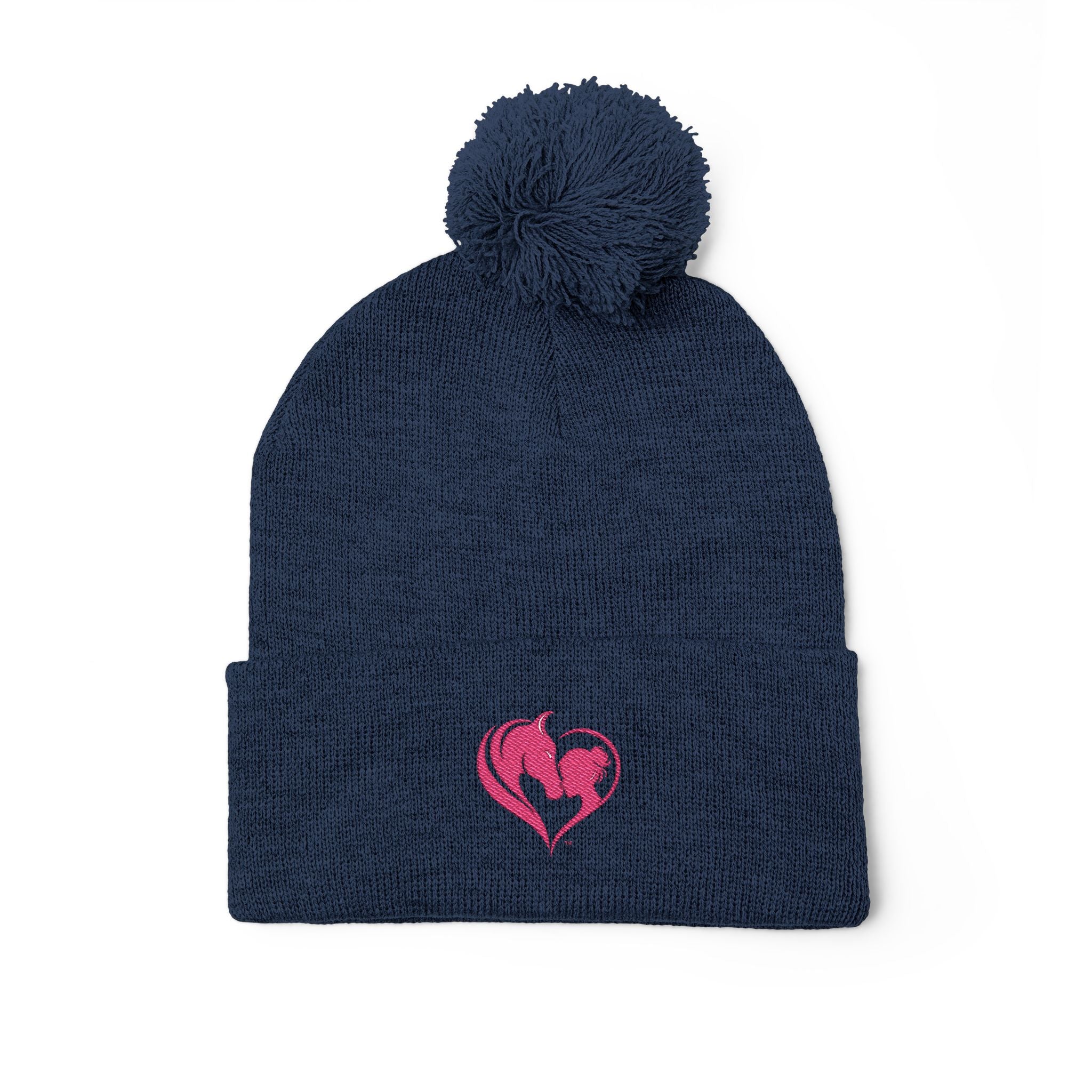 Pink Heart Embroidery Pom-Pom Knit Cap | Grey Beanie