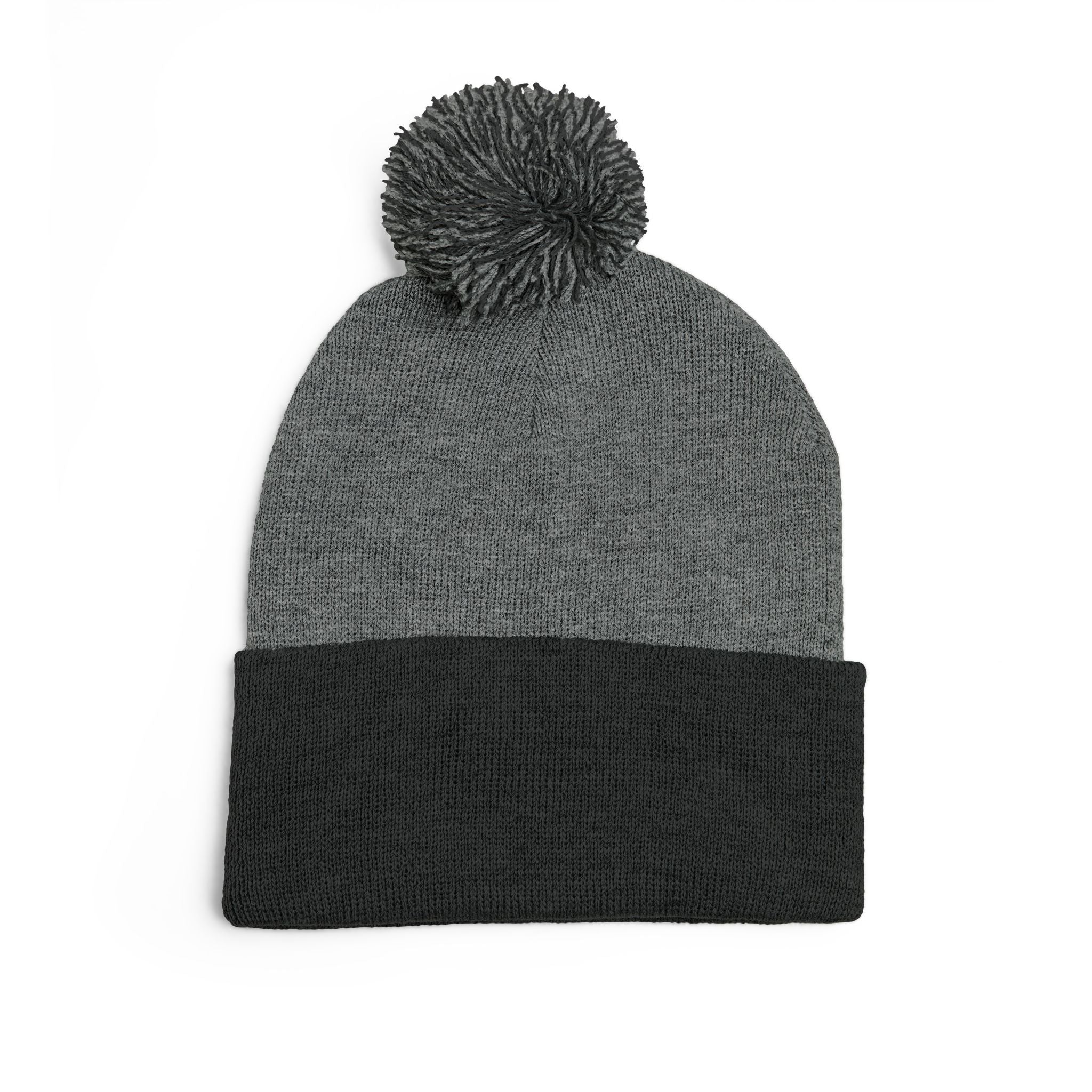 Pink Heart Embroidery Pom-Pom Knit Cap | Grey Beanie