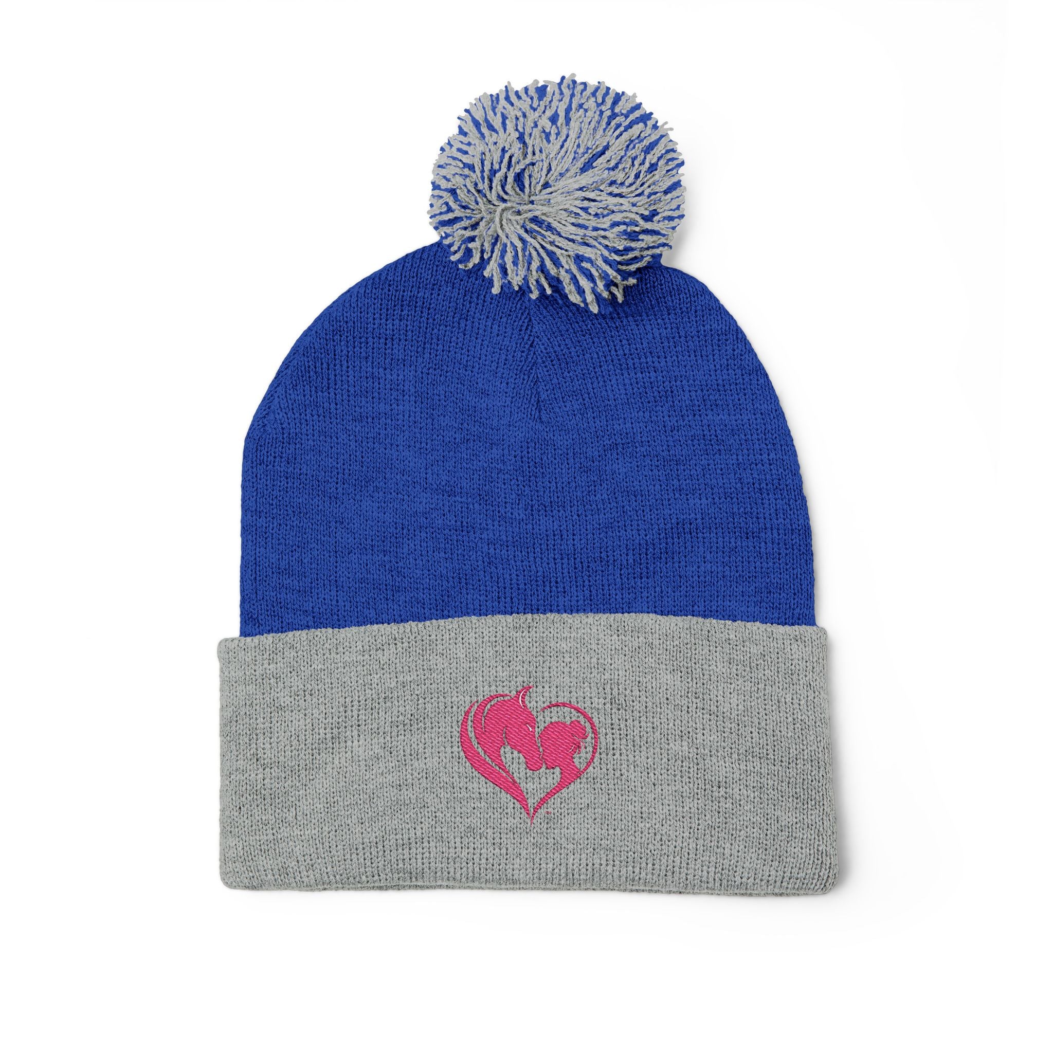Pink Heart Embroidery Pom-Pom Knit Cap | Grey Beanie