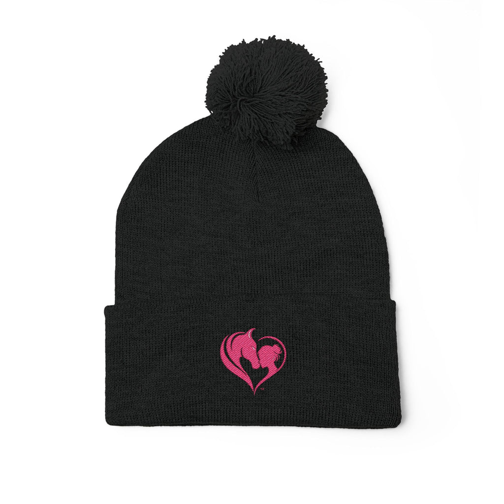 Pink Heart Embroidery Pom-Pom Knit Cap | Grey Beanie