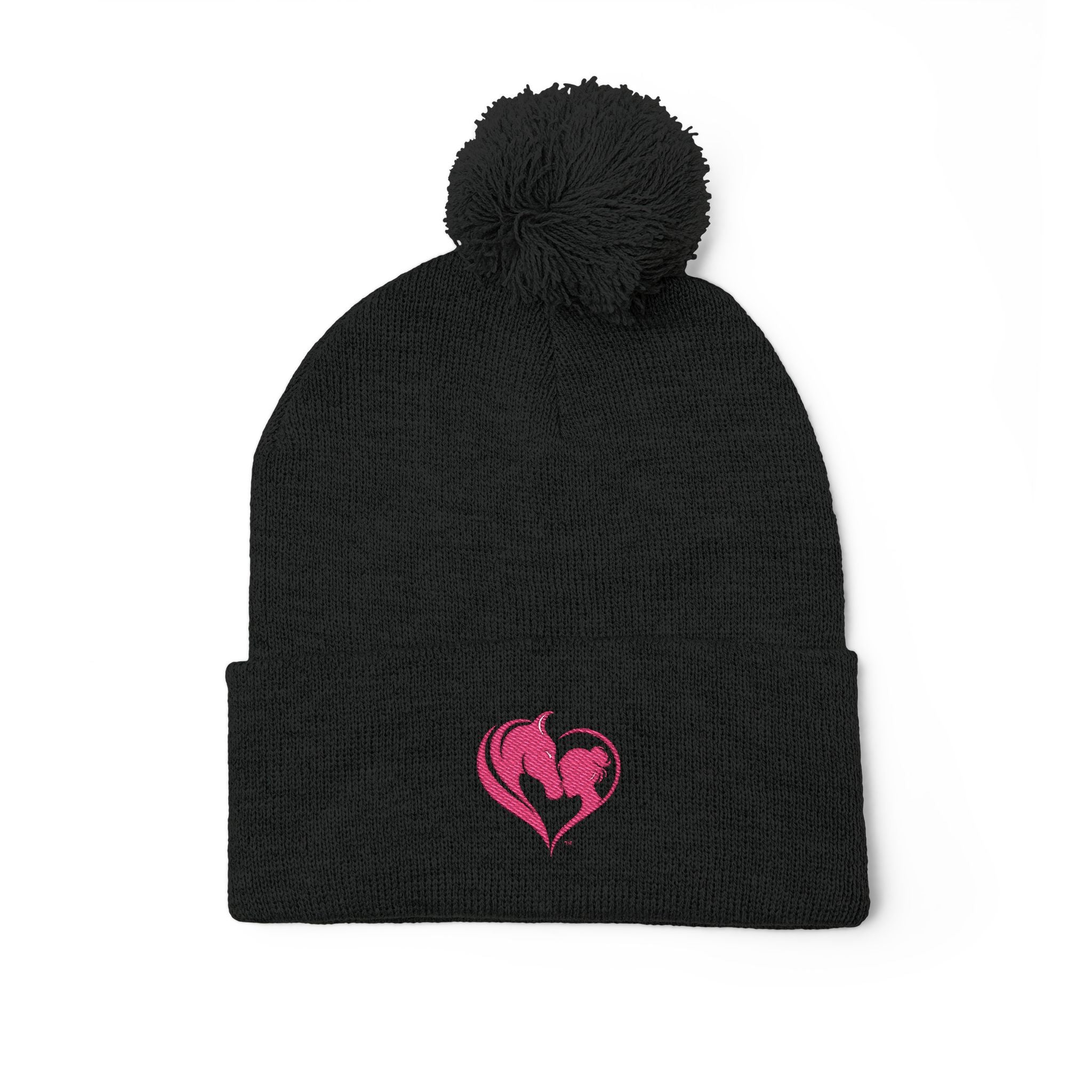 Pink Heart Embroidery Pom-Pom Knit Cap | Grey Beanie