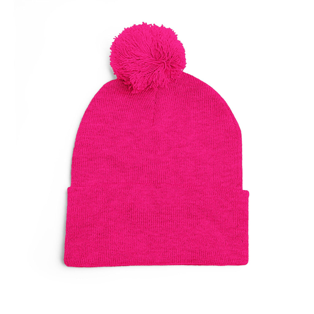 Pink Heart Embroidery Pom-Pom Knit Cap | Grey Beanie