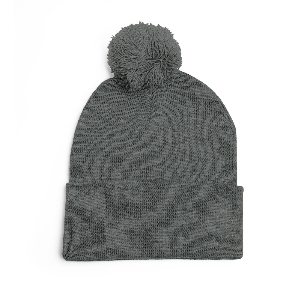 Pink Heart Embroidery Pom-Pom Knit Cap | Grey Beanie