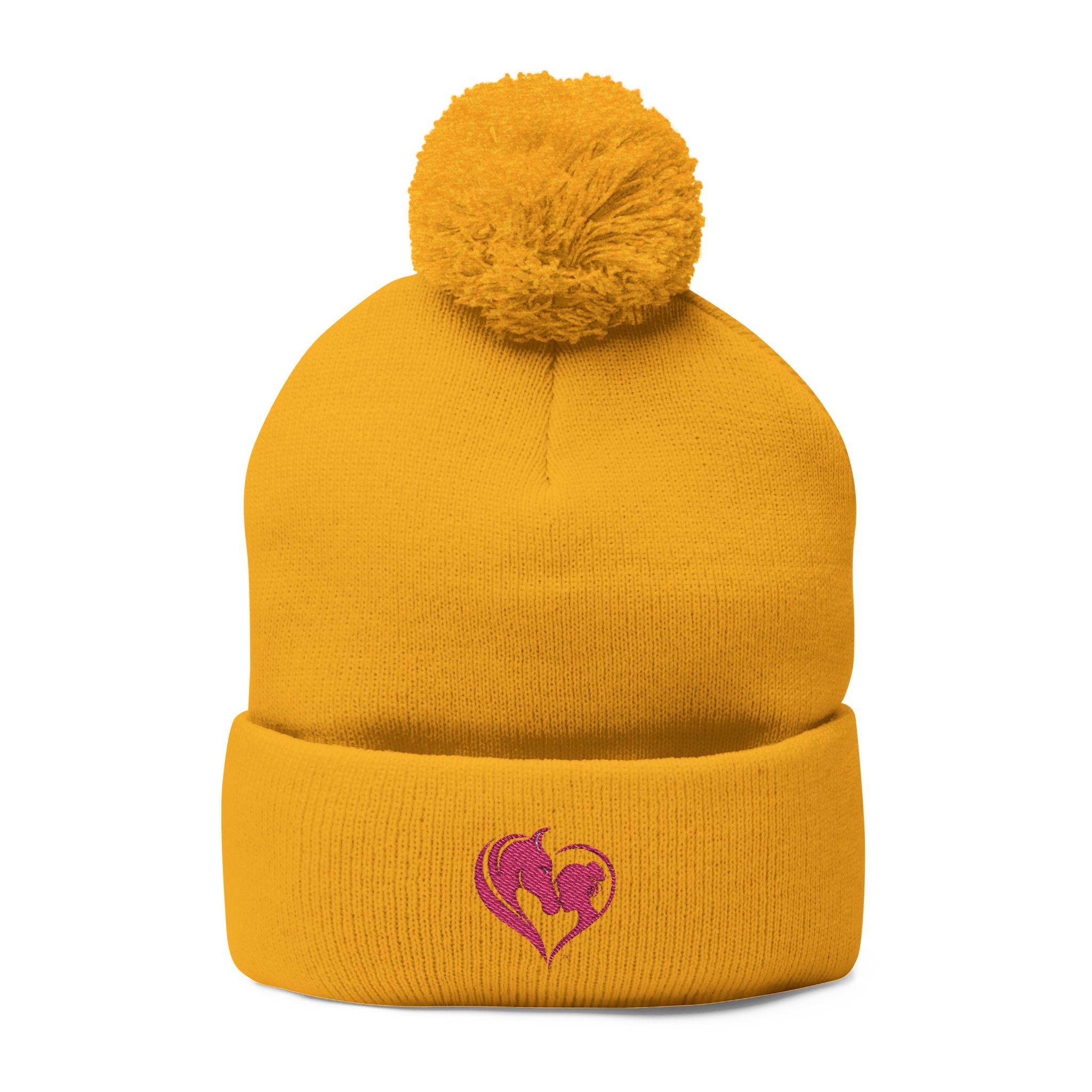 Pink Heart Embroidery Pom-Pom Knit Cap | Grey Beanie