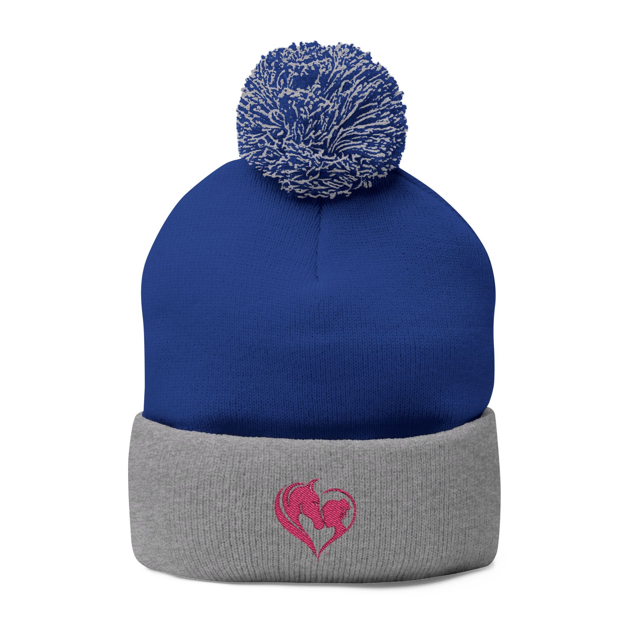 Pink Heart Embroidery Pom-Pom Knit Cap | Grey Beanie