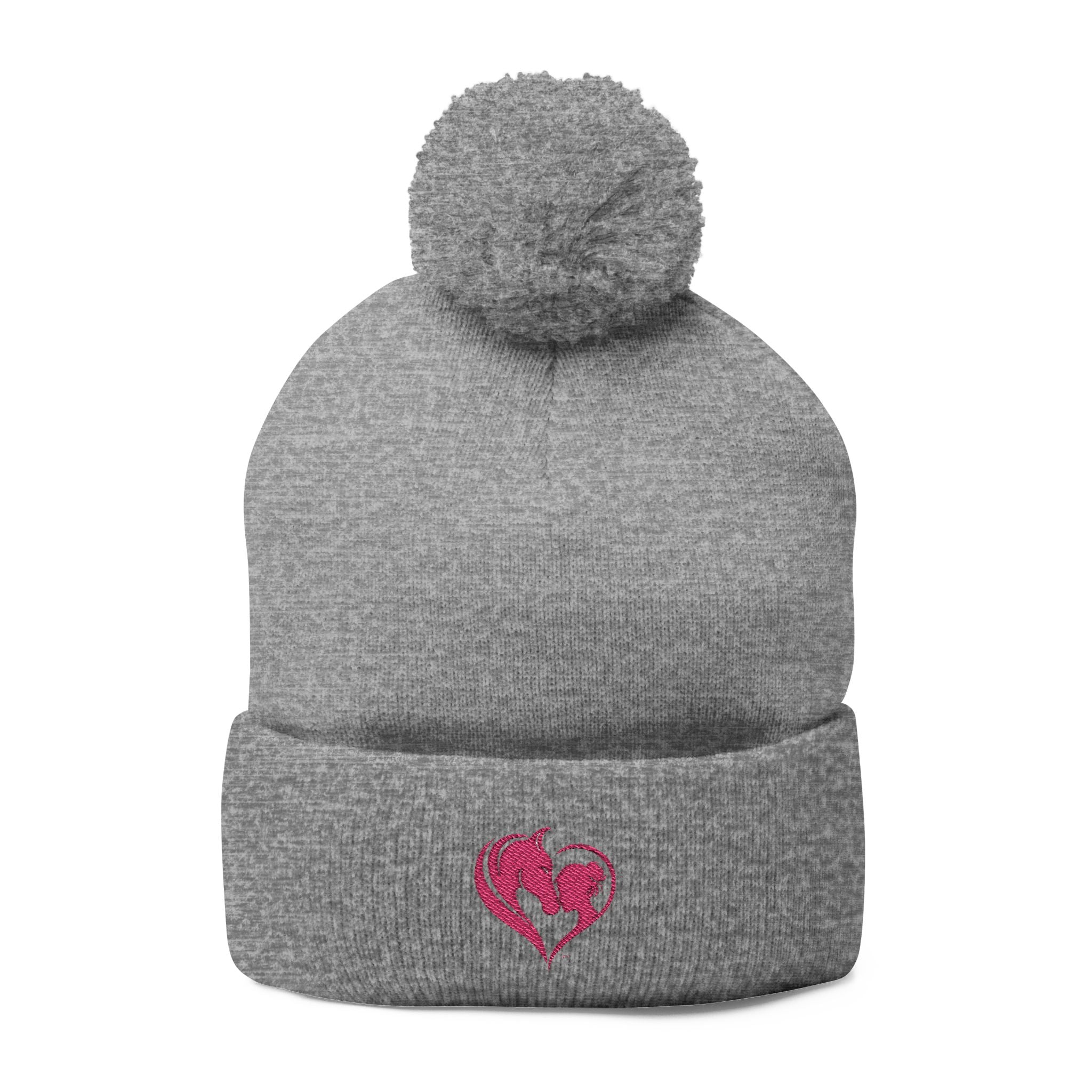 Pink Heart Embroidery Pom-Pom Knit Cap | Grey Beanie