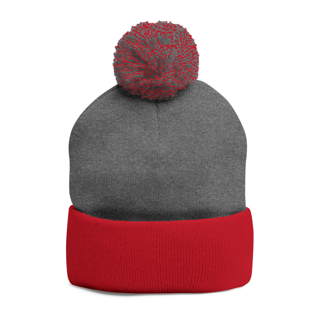 Pink Heart Embroidery Pom-Pom Knit Cap | Grey Beanie