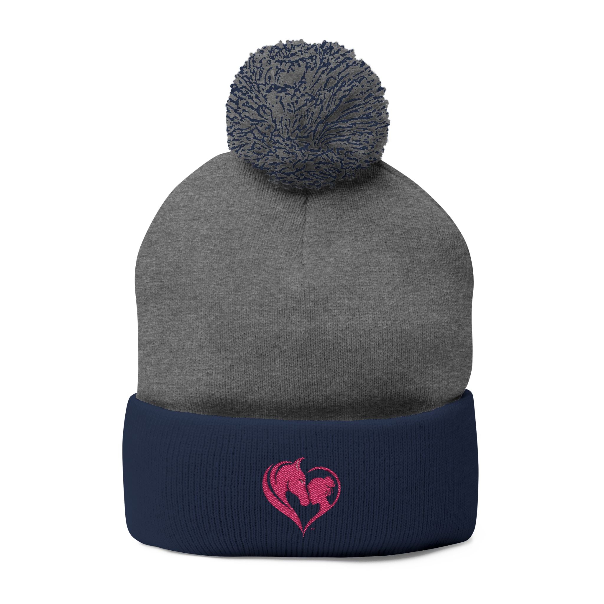 Pink Heart Embroidery Pom-Pom Knit Cap | Grey Beanie