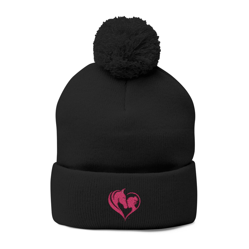 Pink Heart Embroidery Pom-Pom Knit Cap | Grey Beanie