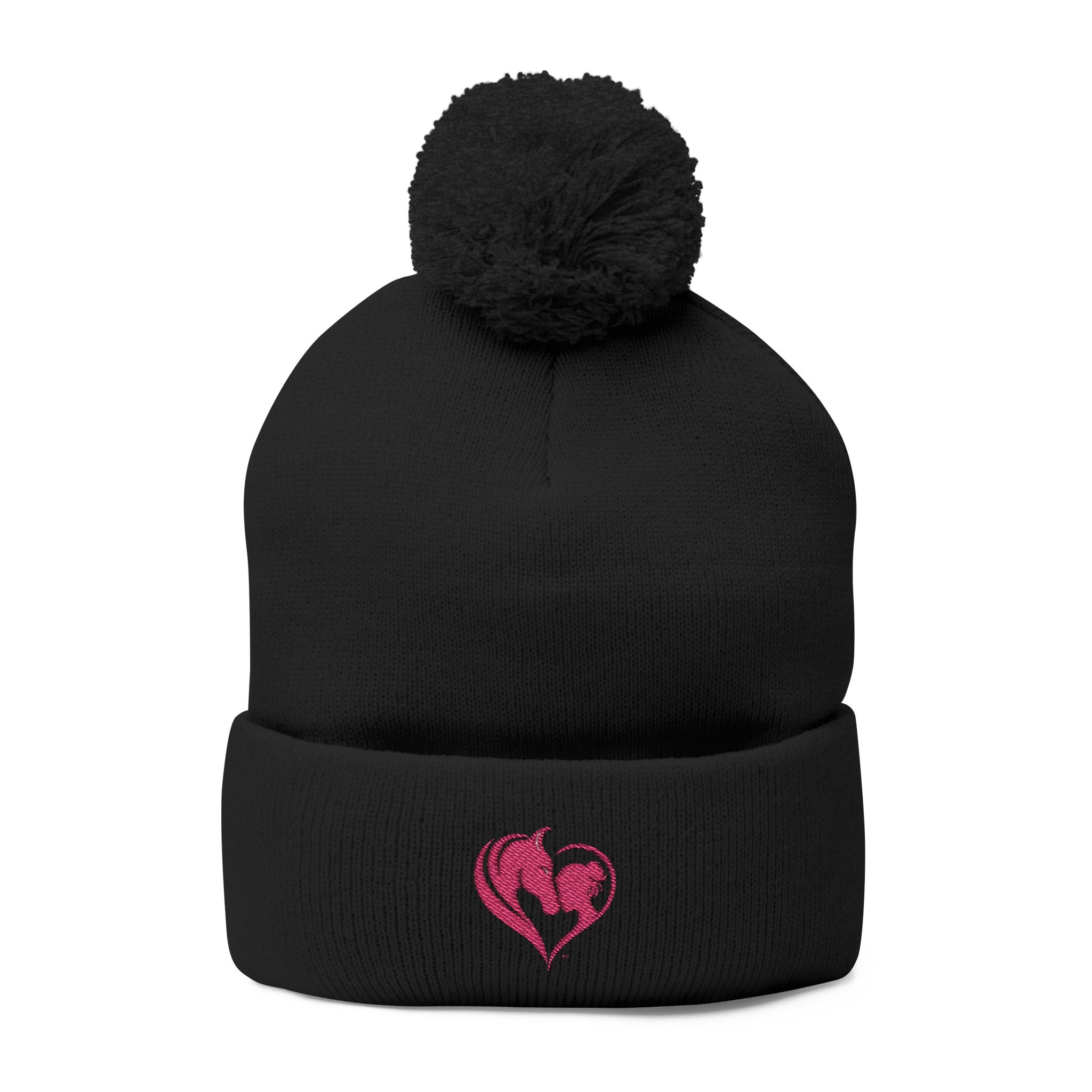 Pink Heart Embroidery Pom-Pom Knit Cap | Grey Beanie