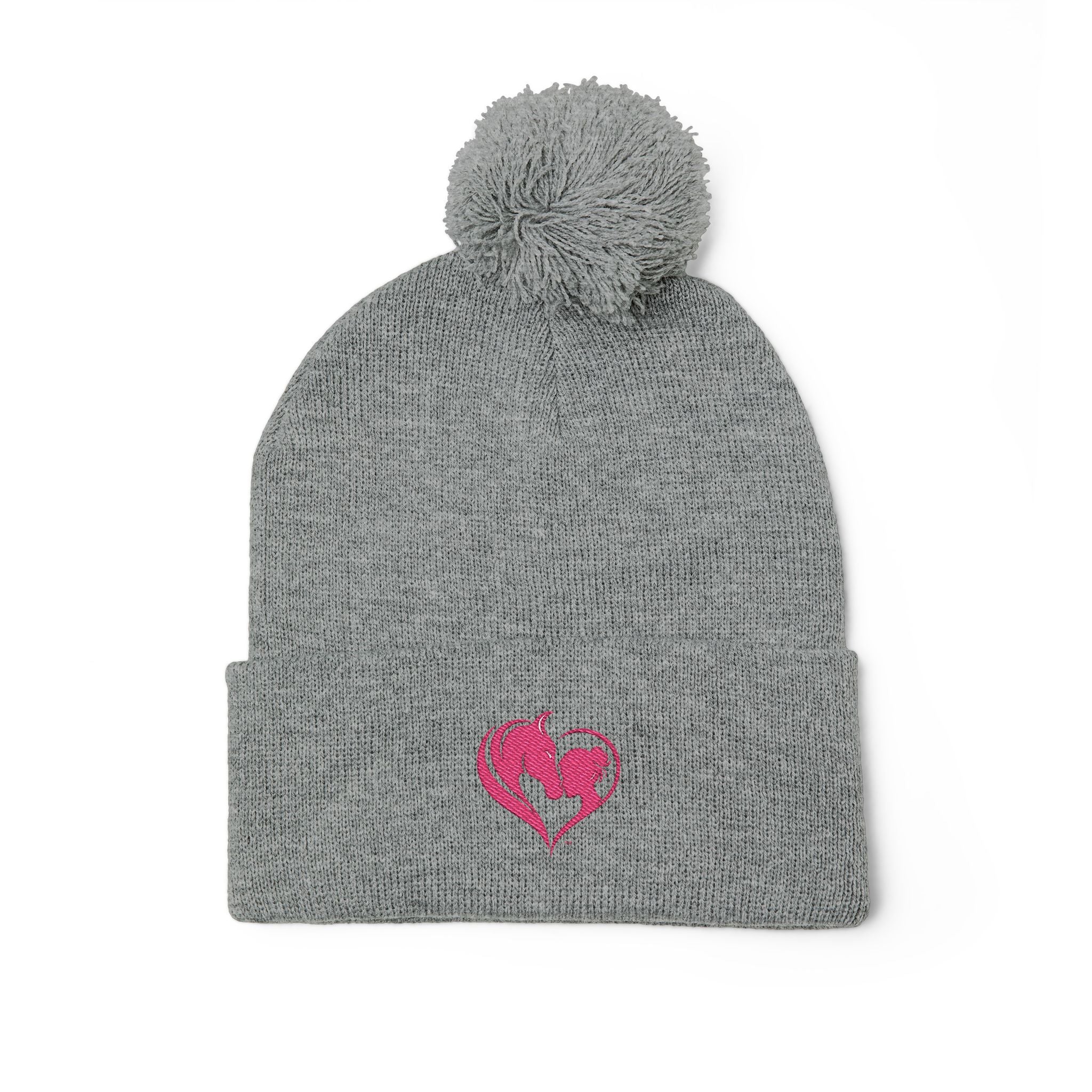 Pink Heart Embroidery Pom-Pom Knit Cap | Grey Beanie