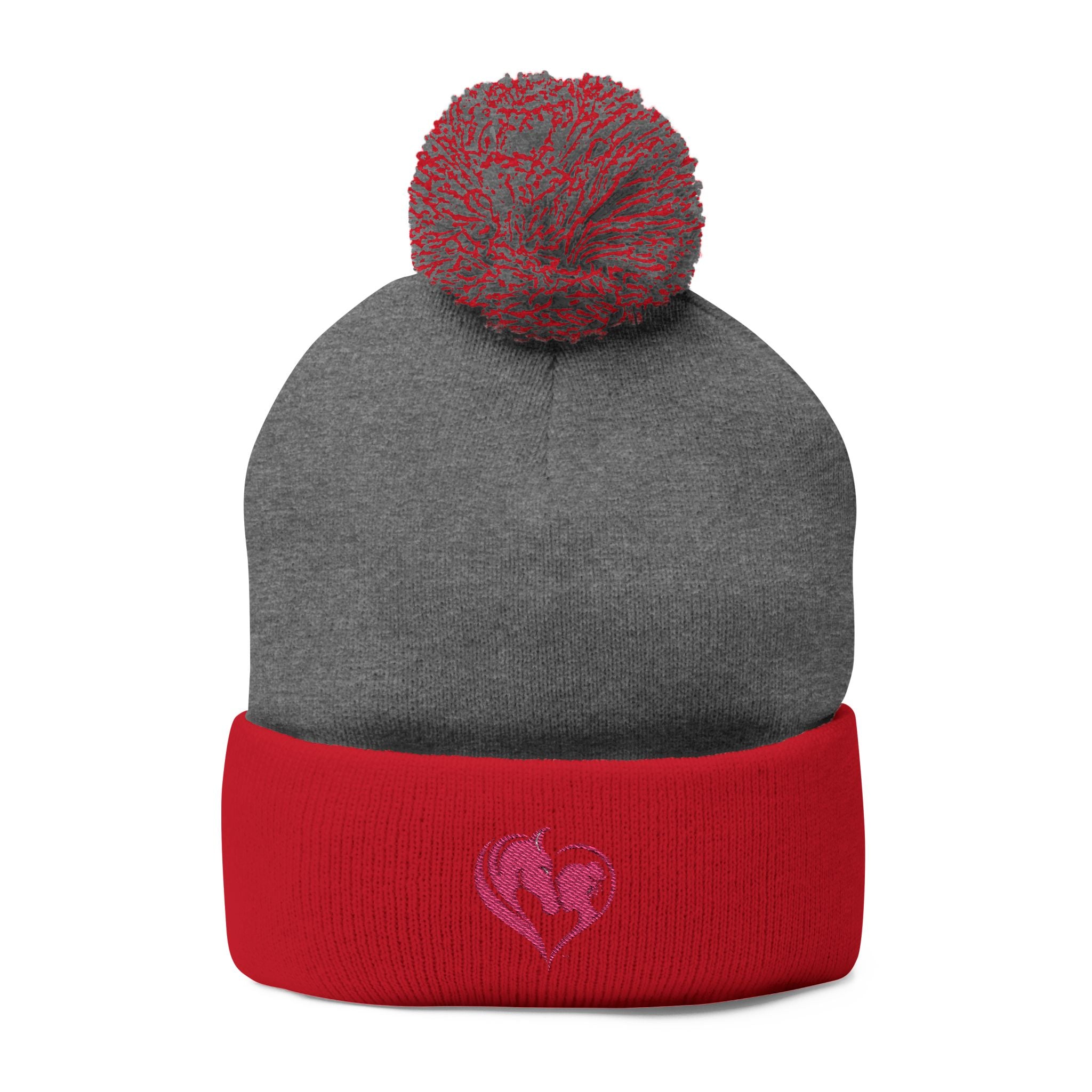 Pink Heart Embroidery Pom-Pom Knit Cap | Grey Beanie