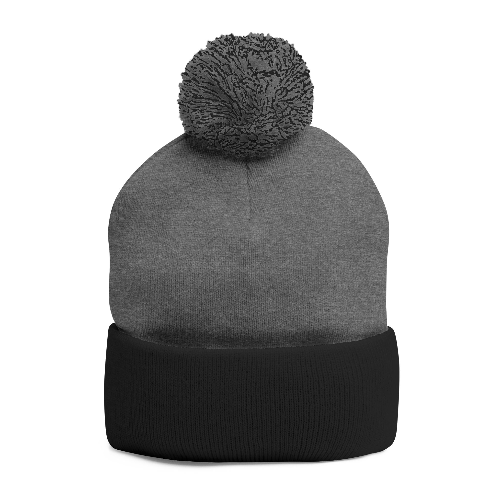 Pink Heart Embroidery Pom-Pom Knit Cap | Grey Beanie