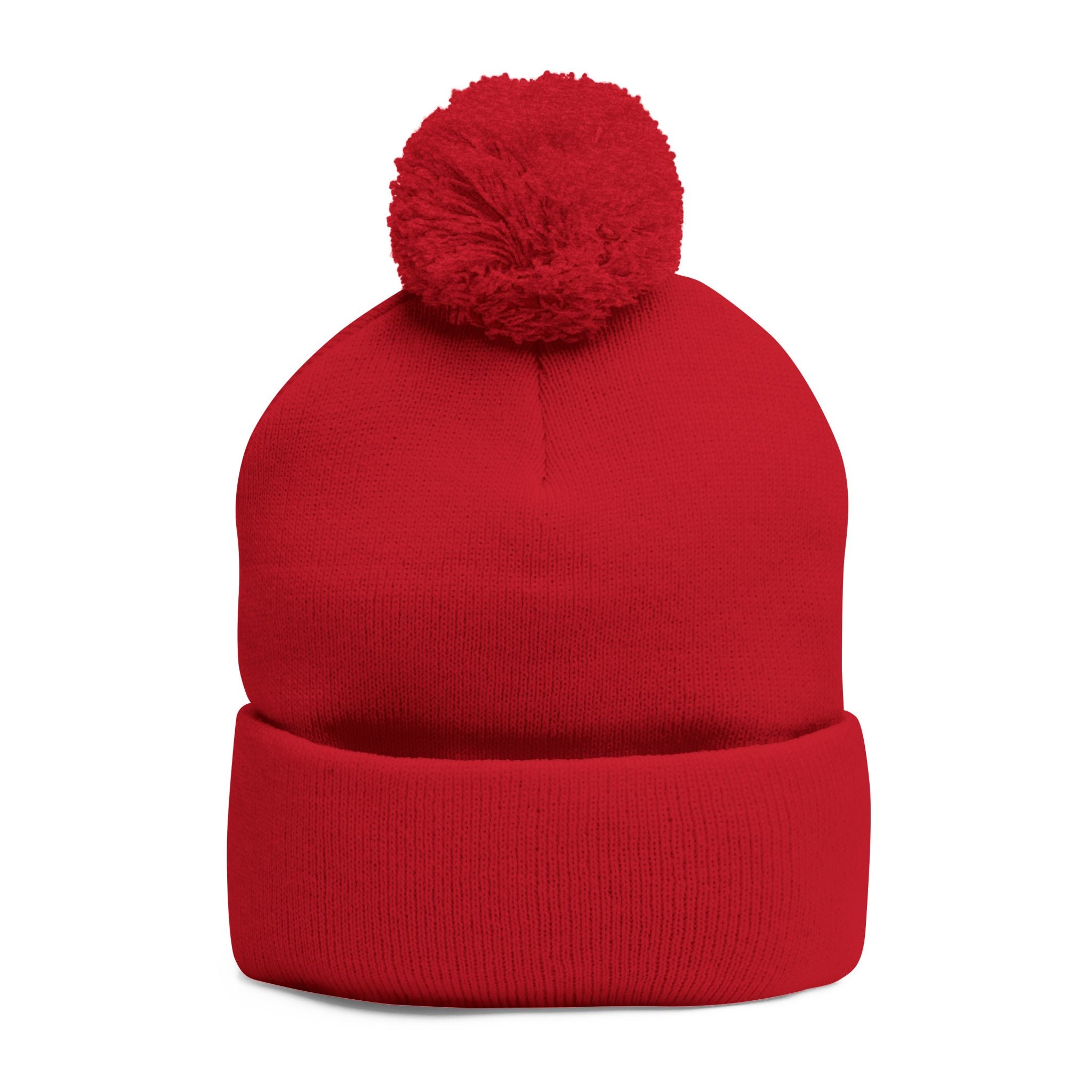 Pink Heart Embroidery Pom-Pom Knit Cap | Grey Beanie