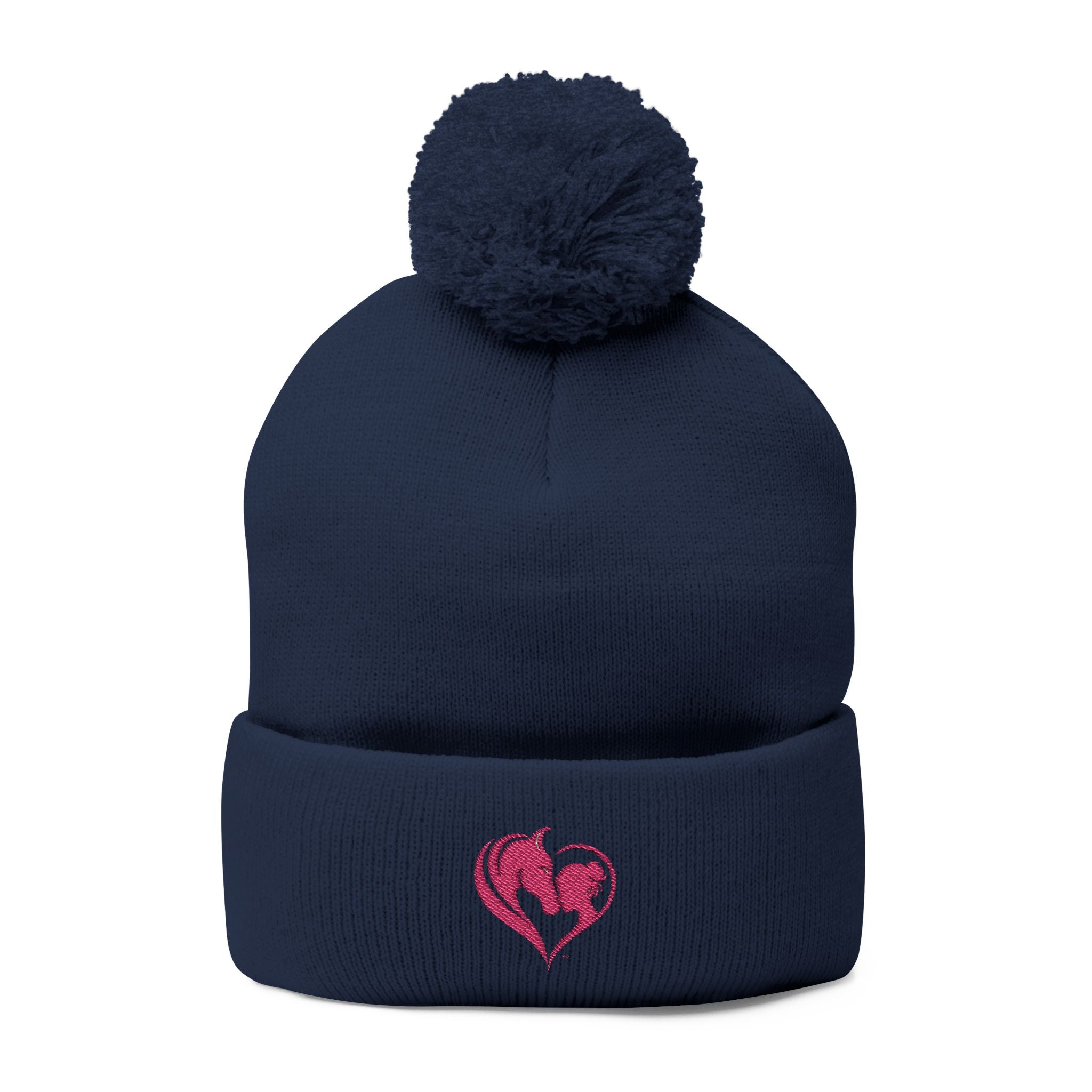 Pink Heart Embroidery Pom-Pom Knit Cap | Grey Beanie