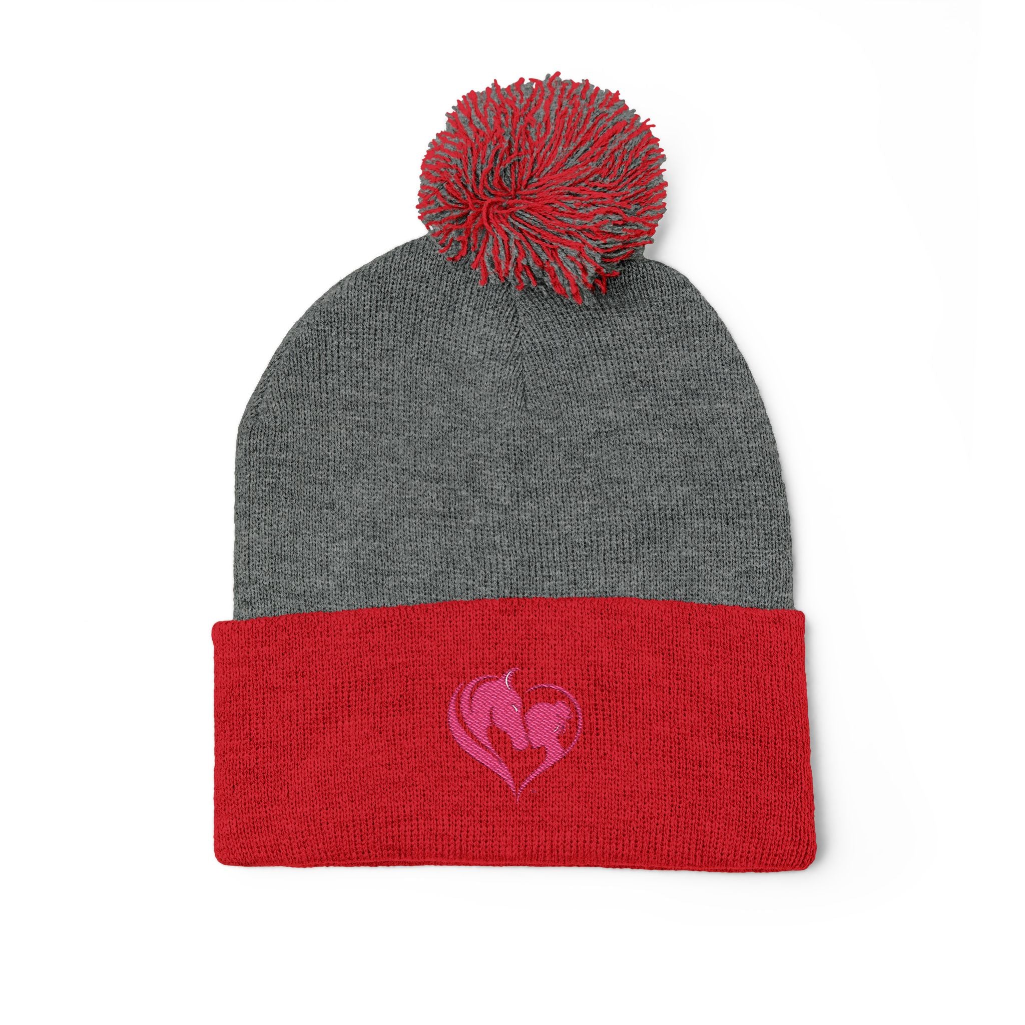 Pink Heart Embroidery Pom-Pom Knit Cap | Grey Beanie