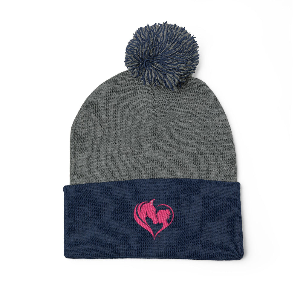 Pink Heart Embroidery Pom-Pom Knit Cap | Grey Beanie